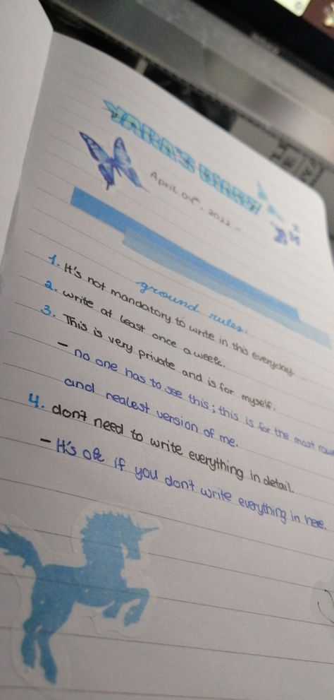 I started my new diary on the fourth of April and this is what my first page looks like. I like to write down ground rules, whose diary this belongs to and when I started my diary. #new #diary #blue #rules #writing #night #april #decoration #journal #pretty #aesthetic #post Ruled Pages Journal Ideas, How To Start First Page Of Journal, Ruled Diary Ideas, First Page Of Personal Diary, How To Start A Dairy Writing, What To Write In Your Diary Aesthetic, This Diary Belongs To Page, Journal Aesthetic First Page, Personal Diary First Page Ideas