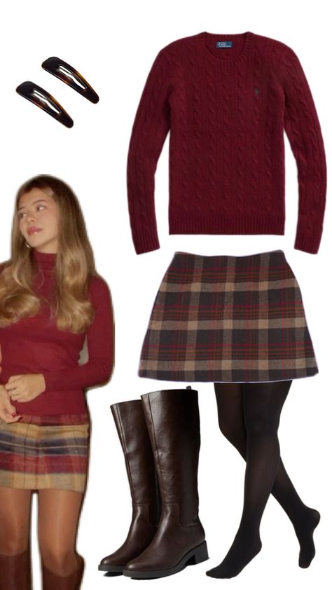 #plaid #skirt #boots #barrettes #sweater #red #fall Red Plaid Skirt Outfit, Red Skirt Outfits, Skirt Boots, Plaid Skirt Outfit, Red Plaid Skirt, Trendy Christmas Outfits, Winter Skirt Outfit, Red Fall, Plaid Outfits