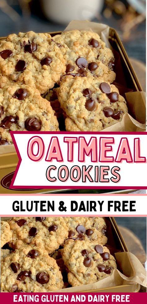 Two images of chocolate chip oatmeal cookies with text overlay. Dairy Free Oatmeal Chocolate Chip Cookie, Dairy Free Gluten Free Oatmeal Chocolate Chip Cookies, Gluten Free Oatmeal Choc Chip Cookies, Chewy Gluten Free Cookies, Gluten Free Dairy Free Oatmeal Cookies, Gluten Free Dairy Free Chocolate Chip Cookies, Gf Oatmeal Chocolate Chip Cookies, Gluten Free Cookies Chocolate Chip, Dairy Free Oatmeal Cookies