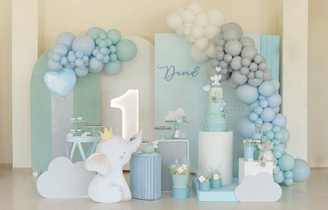 Elephant Baptism and 1st Birthday Party | CatchMyParty.com First Year Boy Birthday Party Theme, Baby Boy First Bday Theme, First Birthday And Baptism Ideas For Boy, Birthday Theme For Boys 1st, Birthday Themes For Boys 1st, 1st Birthday Boy Decorations Ideas, 1st Birthday Party Themes For Boys, Baby Boy First Birthday Ideas Themes, Elephant Birthday Theme