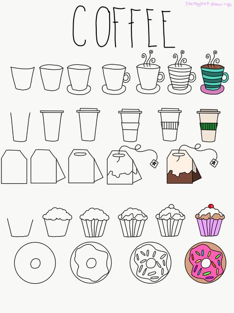 Step By Step Cute Doodles, Doodling Step By Step, Bujo Doodles Ideas, Study Cake Design, How To Draw A Muffin, Doodle Ideas Step By Step, Lettering Doodle Design Ideas, Doodles How To, Doodle Art How To