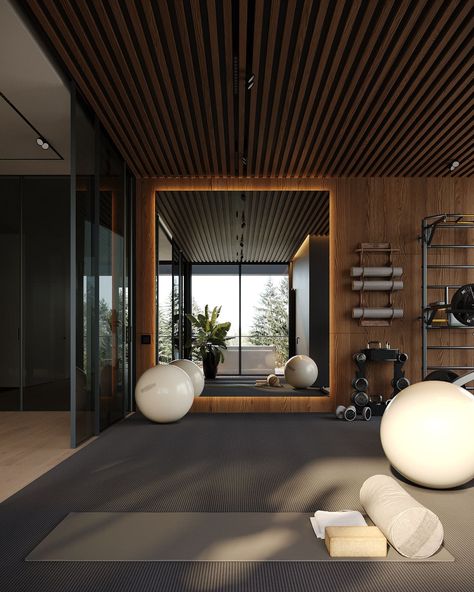 Modern house with elements of minimalism Modern Home Gym, Home Yoga Room, Home Gym Basement, Dream Gym, Dream Home Gym, Gym Design Interior, Wellness Room, House Gym, Luxury Gym