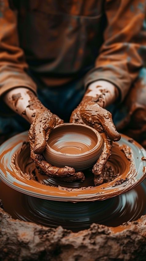 Pottery Wheel Art: An artist shapes a clay pot on a spinning wheel with skilled hands, creating art. #pottery #art #clay #wheel #shaping #hands #craft #creation #aiart #aiphoto #stockcake https://ayr.app/l/ZmXT Potter Hands, Pottery Moodboard, Potters Hands, Clay For Pottery, Potter And Clay, Pottery Hands, Pottery Artist, Pottery Wheel Aesthetic, Pottery Photography