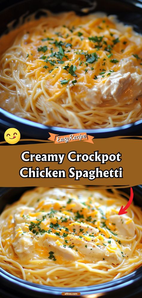 Our Creamy Crockpot Chicken Spaghetti is the epitome of set-it-and-forget-it cooking. This dish features tender chicken and spaghetti tossed in a creamy, savory sauce. It’s a comforting meal that’s perfect for busy weeknights. #CrockpotDinner #ChickenSpaghetti #EasyMeals Chicken Spaghetti Recipe Without Rotel, Creamy Chicken Pasta Crockpot Recipes, Chicken Spaghetti Casserole Crockpot, Crockpot Entrees For A Crowd, Crockpot Dishes For A Crowd, Crockpot Chicken Tenders Recipes, Chicken Spaghetti With Rotisserie, Creamy Crockpot Chicken Spaghetti, Crockpot Chicken And Pasta Recipes