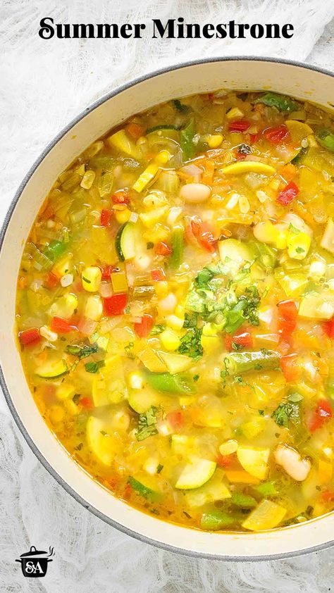 Overhead view of Summer Minestrone soup in a large white Dutch oven. Summer Minestrone, Soup Summer, Best Veggies, Summer Soup Recipes, Blue Zones Recipes, Light Soups, Summer Soup, Summer Vegetables, Cooking Soup