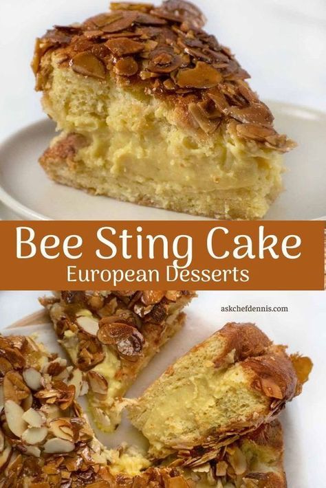 This is the BEST German dessert recipe from Chef Dennis! The bienenstich or "bee sting cake" is a delicious Bavarian cake with a sweet honey topping. Even a picky eater would love this delicious dessert! Try making your own bienenstich this spring or summer! New Dessert Ideas, Cakes For A Crowd, Unique Dessert Recipes, Bienenstich Recipe, European Desserts, German Dessert, Bee Sting Cake, Brioche Dough, German Desserts