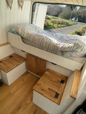 High spec Ford Transit MWB van conversion ⋆ Quirky Campers Van Conversion Ceiling, Van Conversion Storage, Slide Out Bed Camper, Mwb Sprinter Conversion, Mwb Van Conversion, Small Campervan Conversions, Mwb Camper Conversion, Small Van Conversion Ideas Layout Floor Plans, Ram Promaster Conversion Camper Van