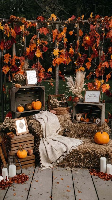 Fall Wedding Country Rustic, Fall Back Drop For Pictures, Fall Wedding Drapery, Fall Lobby Decor, Cheap Fall Wedding Decor, Fall Party Backdrop Ideas, Fall Wedding Entry Table, Fall Fest Backdrop Ideas, Fall Decor Restaurant