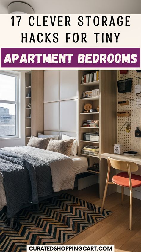 Transform your tiny apartment bedroom with clever storage hacks. Use vertical shelving, over-the-door organizers, and storage headboards to create a functional and stylish space. Say goodbye to clutter with these innovative solutions!  tiny bedroom storage, organizing tips, Small apartment storage hacks, bedroom organization, space-saving tips, small apartment, Storage hacks, Bedroom storage Ideas, Bedroom Decor Inspiration, Bedroom Ideas,Organization,Bedroom Organization,Home Organization Ideas Vertical Storage Bedroom, Storage Ideas For Tiny Bedrooms, Vertical Space Ideas Bedroom, Small Apartment Storage Solutions Closet, Organizing Small Spaces Apartment Living, Organization For Tiny Homes, Small Bedroom Storage Ideas Space Saving, Tiny Apartment Hacks, Small Bedroom Inspirations Space Saving