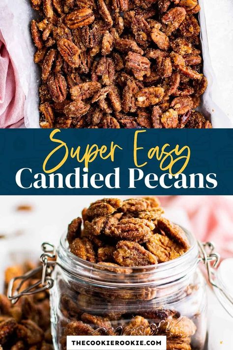 Easy to make, these delicious candied pecans are perfect for holiday snacking! Seasoned with brown sugar, vanilla and cinnamon, they take minutes to make with a few pantry staples. The Best Candied Pecans, How To Candy Pecans For Salad, Easy Candied Nuts Recipe, Pecans Candied Easy, Nut Recipes Snacks, Candy Pecans Recipe Easy, Non Dairy Snacks, Candied Nuts Recipe Easy, Christmas Pecans