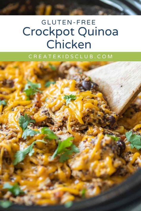 Crockpot Chicken Quinoa Casserole is packed with chicken, quinoa, veggies, and packed with flavor. A great way to introduce quinoa to kids. Crock Pot Chicken Quinoa, Crock Pot Quinoa Recipes, Quinoa Chicken Instant Pot, Crockpot Recipes Quinoa, Chicken Corn Beans Crockpot, Dinner Ideas Quinoa, Chicken And Quinoa Crockpot Recipes, Quinoa And Turkey Recipes, Chicken Soup With Quinoa