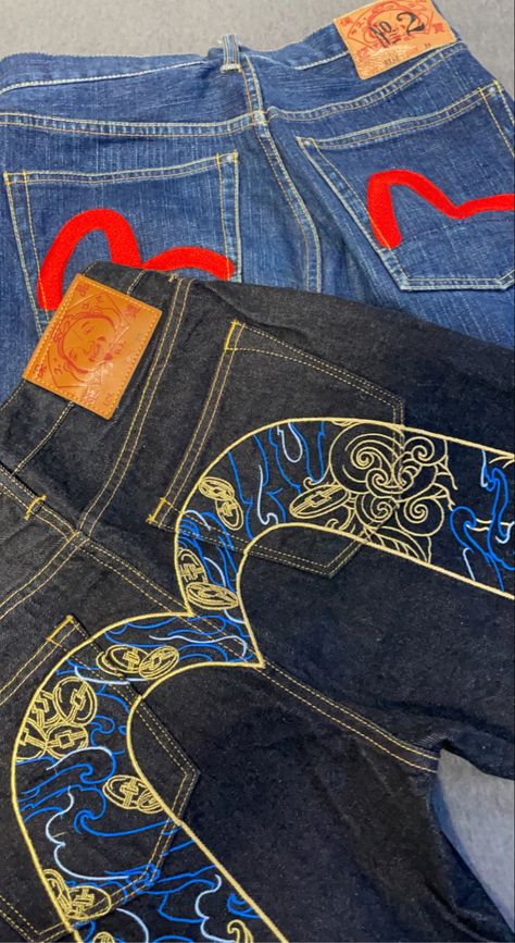 Jeans With Graphics, Graphic Denim Jeans, Evisu Poster, Evisu Jeans Outfit, Jeans Streetwear Men, Graphic Jeans, Baggy Jeans For Women, Evisu Jeans, Cold Fits