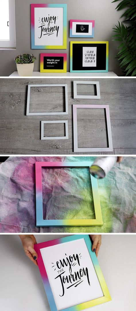 Create your own easy DIY colorful gallery wall by spray painting simple white frames with bright colorful gradients, and pair them with simple black and white artwork to keep it all looking contemporary. Cadre Photo Diy, Diy Photo Frame, Painting Simple, Picture Frame Crafts, Simple Artwork, Diy Photo Frames, Frame Ideas, White Frames, Diy Office