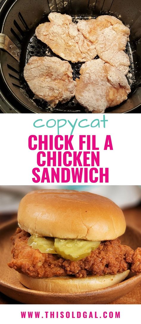 Top image - Chicken in the Air Fryer basket Bottom Image- completed Air Fryer Chick Fil A sandwich Chick Fil A Chicken Sandwich, Chick Fil A Chicken Sandwich Recipe, Chicken Breast Sandwich, This Old Gal, Spicy Chicken Sandwiches, Chicken Sandwich Recipes, Air Fyer Recipes, Chicken Sandwiches, Air Frier Recipes