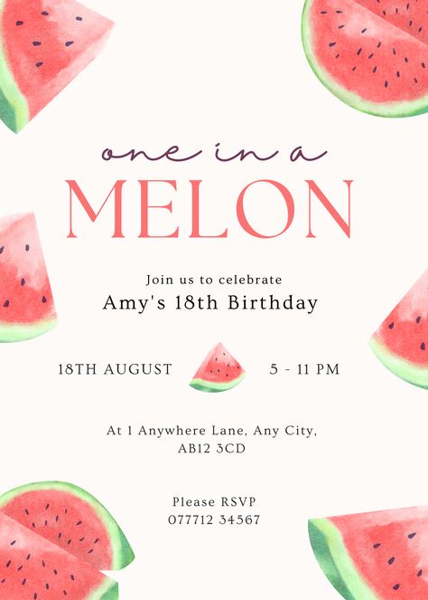 Get ready to make a splash with our "One in a Melon" watermelon summer birthday party digital invitation template! It's time to celebrate your special day with a juicy and refreshing vibe that will leave everyone craving more. Summer Birthday Party Invitations, Watermelon Birthday Party, Watermelon Invitations, Watermelon Birthday, Fun Invitations, Party Invite Design, Summer Birthday Party, Disney Invitations, 1st Birthday Invitation