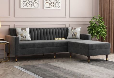 Everett L-Shape Corner Fabric Sofa (Velvet, Graphite Grey) Green Velvet Sofa Living Room, Corner Sofa With Storage, Emerald Green Sofa, L Shaped Sofa Designs, Green Sofa Living Room, L Shape Sofa Set, Luxury Sofa Living Room, Luxury Furniture Sofa, Sofa Velvet