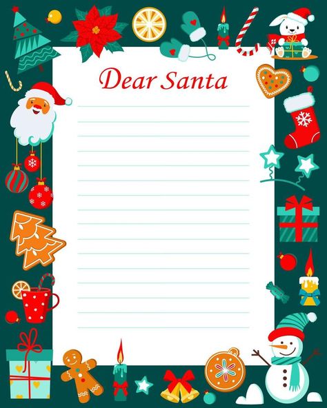 Letter to Santa Claus  template with Christmas characters. Christmas wish list. Dear Santa printable template for kids. Vector illustration Carta A Santa Claus, Santa Claus Template, Dear Santa Printable, Santa Claus Letter Template, Christmas Santa List, Christmas List Printable, Christmas List Template, Santa Claus Letter, Santa Printable