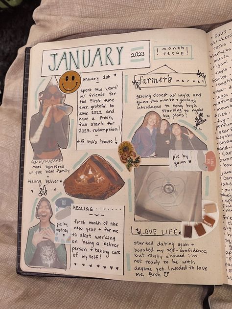 recap of my january 2023 monthly recap/january/2023/journal page/inspiration/collage/pictures/notebook/hobby/crafty Months Scrapbook Ideas, Month Diary Ideas, Diary Monthly Ideas, Picture Notebook Ideas, January Scrapbook Page Ideas, Scrapbook Month Page, Diary Collage Ideas, Best Friend Notebook Page Ideas, Friendship Journal Ideas Pictures