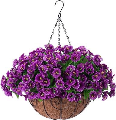 Fake Flowers Decor, Basket Arrangement, Basket With Flowers, Fake Hanging Plants, Petunia Flower, Artificial Hanging Plants, Hanging Flower Baskets, Morning Glories, Outside Decorations