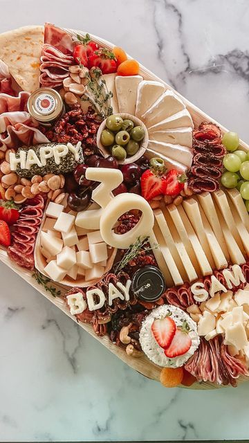 25th Birthday Charcuterie Board, 30 Birthday Charcuterie Board, 30th Birthday Appetizer Ideas, Charcuterie 30 Birthday, 30th At Home Birthday Ideas, Charcuterie Board 30 Birthday, Birthday Cheese Board Ideas, Charcuterie Board For 30th Birthday, Small Birthday Charcuterie Board