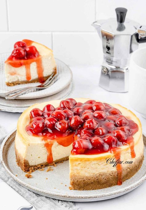 7 Inch Cheesecake Recipe Springform Pan, No Water Bath Cheesecake Recipe, Easy Cheesecake Recipes No Water Bath, Cheesecake Recipes Without Water Bath, 10 Inch Cheesecake Recipe Springform Pan, Cherry Swirl Cheesecake, No Water Bath Cheesecake, Baked Cheesecake Recipes Easy, Betty Crocker Cheesecake Recipe