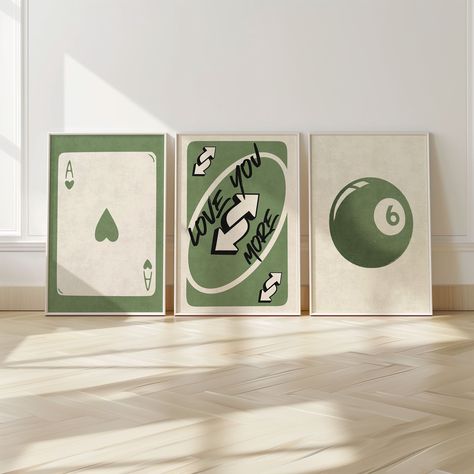 🖼️✨ 3 Piece Wall Art Set Retro Decor for Any Space ✨🖼️ Elevate your decor with our 3 piece wall art set featuring a stylish ace card, a vibrant "Love You More" Uno card inspired design, and a striking magic 8 ball poster. This collection of minimalist wall art brings a touch of retro charm and modern style to any room. Perfect for those who appreciate game room decor, dorm decor, and trendy wall art, this wall art set of 3 is an essential addition for creating a dynamic and visually appealing atmosphere. Ideal for living rooms, bedrooms, game rooms, or bar cart areas, these prints seamlessly blend with various decor styles, adding a unique and playful flair to your space. As part of our gallery wall set collection, these digital downloads are perfect for instant decor updates. Whether yo Modern Art For Bedroom, Chess Wall Art Decor, Art And Plant Wall, Apartment Decor Gender Neutral, Spotify Poster Wall, Poster Design Bedroom, Deck Of Cards Wall Art, Set Of 3 Canvas Painting Ideas Diy, Poster Sets Wall Art