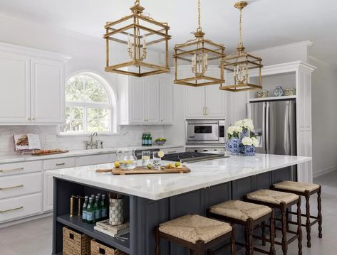 17 Kitchen Island Colors That Look Stunning With White Cabinets | Hunker Kitchen Island With Cooktop, Green Kitchen Island, Cookbook Shelf, Island Cooktop, Grey Blue Kitchen, Blue Kitchen Island, Kitchen Island Tops, Grey Kitchen Island, Island Stools