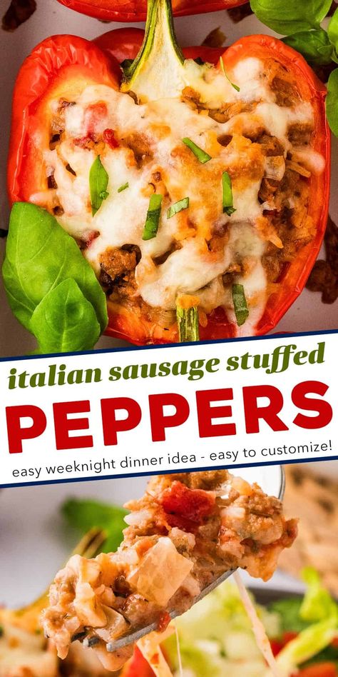 Stuffed peppers are a classic recipe for good reason; that they're incredibly delicious! This version combines fresh bell peppers, Italian sausage, tomatoes, spices, rice, and plenty of other flavors, to make a hearty dinner that's easy enough for every day, yet yummy enough to serve to company. Stuffed Bell Peppers With Sweet Italian Sausage, Italian Sausage Stuffed Peppers, August Food, Sausage Stuffed Peppers, Easy Dinner Desserts, Flexitarian Recipes, Easy Stuffed Peppers, Chunky Chef, Stuffed Peppers Recipe