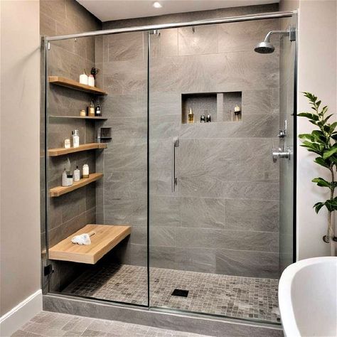 Bathroom Ideas Small Shower Walk In, Bathroom Shower Ideas Small Space, Open Shower Ideas Walk In Master Bath, Simple Master Bath Layout, 3x5 Shower With Bench, Single Shower Ideas, Bathroom Shower Renovation Ideas, Walk In Shower Storage, Remodeled Showers Walk In