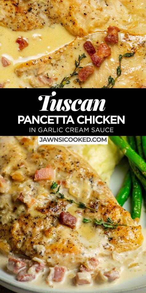 This delicious Tuscan Pancetta Chicken recipe combines tender, well browned chicken breast, delicious porky pancetta, and an herb garlic cream sauce, for a restaurant quality meal you can make any night of the week! Light Italian Chicken Recipes, Meat Dish Recipes, Pancetta Chicken Recipes, Chicken Bianco Recipe, Chicken Pacata Recipes, Chicken Pancetta Pasta, Chicken For Company, Keto Pancetta Recipes, Top Rated Chicken Recipes