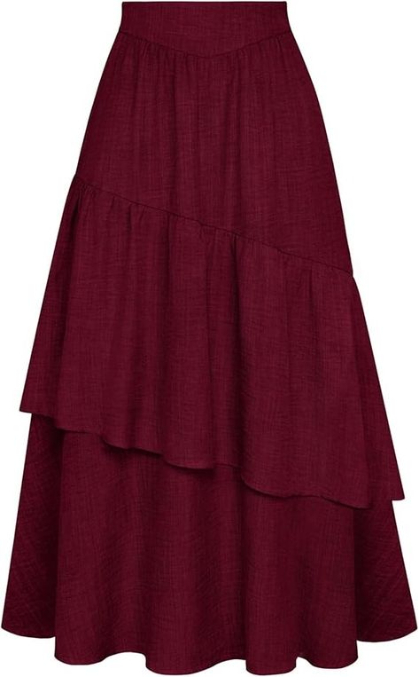 Dark Red Clothes, Tiered Long Skirt, Flowy Clothes, Asymmetrical Tiered Skirt, Styling Skirts, Red Long Skirt, Clothes Skirts, Long Tiered Skirt, Victorian Skirt