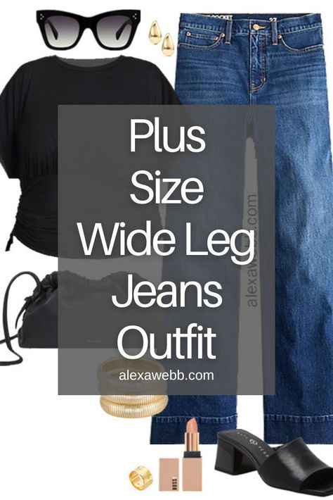 How to Wear Plus Size Wide Leg Jeans - A plus size casual outfit idea with wide leg jeans and a cropped top. Wide Leg Jeans Outfit For Plus Size, How To Wear Wide Leg Cropped Jeans, Plus Size Mom Jeans Outfit, Wide Leg Jeans Curvy, Plus Size Boyfriend Jeans Outfit, Plus Size Wide Leg Jeans Outfit, Wide Leg Jeans Outfit Plus Size, High Rise Wide Leg Jeans Outfit, Wide Leg Jeans Winter