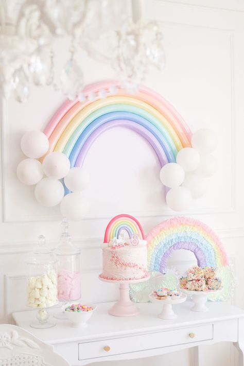 Rainbow Birthday Party 1st, Rainbow And Butterflies Birthday Party, Pastel Rainbow 3rd Birthday Party, 2nd Birthday Rainbow Theme, Pastel Rainbow Party Centerpiece Ideas, One Year Old Rainbow Birthday Party, Unicorn Birthday Party Pastel Colors, Rainbow 1st Birthday Party Ideas, Pastel Rainbow Birthday Party Ideas