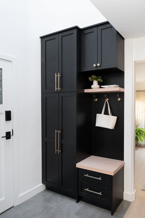 Custom black cabinetry, custom storage solutions, added functionality for busy family. Small Entryway Design, Small Mudroom Ideas Entryway, Mudroom Storage Cabinet, Small Entryway Ideas, Shoe Cabinet Design, Small Mudroom Ideas, Mudroom Remodel, Entryway Storage Cabinet, Mudroom Cabinets