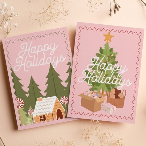 Happy Holidays Card Design, Happy Holidays Cards, Pink Christmas Cards, Gingerbread Christmas Tree, Christmas Card Illustration, Christmas Background Images, Happy Holiday Cards, Christmas Card Art, Card Files