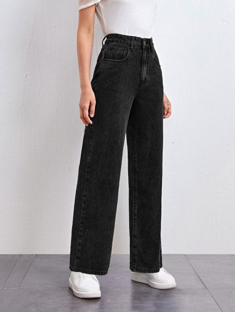 Wide Leg Black Jeans Outfit, High Waisted Wide Leg Jeans Outfit, Straight Jeans Outfit, Black Wide Leg Jeans, Shein Basics, Wide Leg Jeans Outfit, Legs Outfit, Jeans Outfit Women, Casual College Outfits