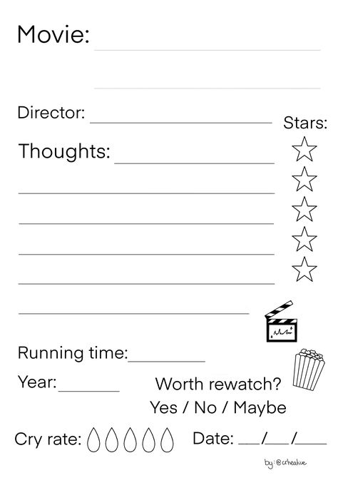 Journal page movie for A5 Movie Review Journal Template, Show Review Journal, Film Journal Template, Movie Template Design, Movie Rating Journal, Zinnia Template, Movie Journal Aesthetic, Movie Review Template Aesthetic, Movie Rating Template