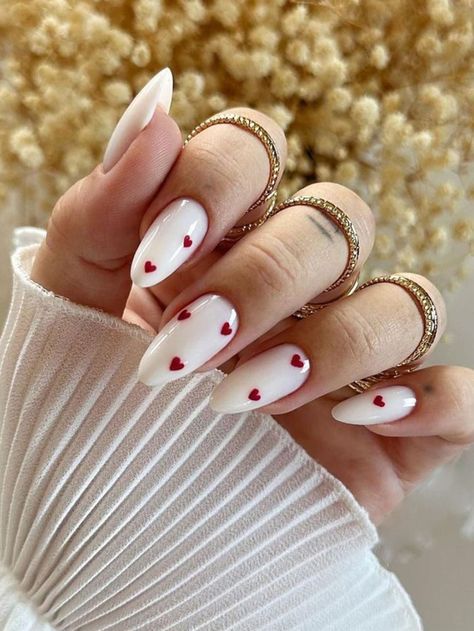 Milky Nails, February Nails, Colorful Nails, Red Nail, Stick On Nails, Heart Nails, Nail Arts, Valentine's Day Nails, Valentines Nails