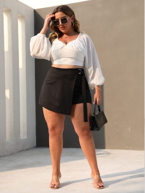 Black Casual   Polyester Plain Straight Leg Embellished Slight Stretch  Plus Size Bottoms Couture, Short Pollera Outfit, Skort Outfit Plus Size, Plus Size Short Skirt, Plus Size Mini Skirt Outfit, Chubby Outfits, Plus Size Club Outfit, Plus Size Mini Skirt, Skort Outfit