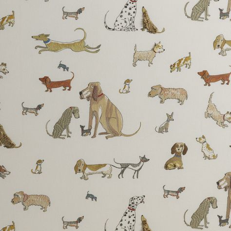 Dogs Socialising fabric by Domenica More Gordon - Hand Embroidered for Chelsea Textiles. fabri Dog Bedroom, Chelsea Textiles, Conversational Prints, Dog Rooms, Smart Dog, Dog Wallpaper, Dog Obedience, Dog Illustration, Dog Decor