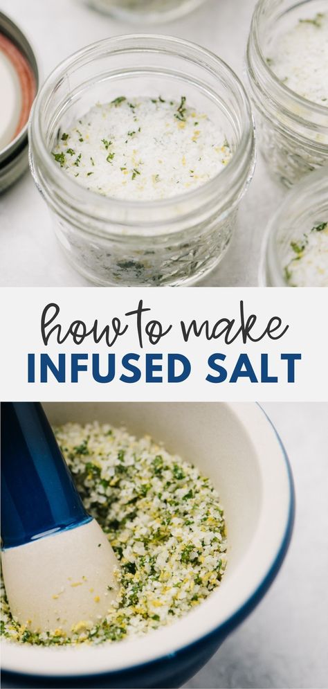 Infused Salts are a welcome addition to any kitchen. Made and flavored with simple, natural ingredients, homemade flavored salts are a versatile and frugal diy holiday gift for just about everyone on your shopping list. Infused salts have endless uses - from seasoning steaks, roasts and chicken to adding subtle flavor to avocado toast and salad dressings, the sky is the limit. Click through for our favorite flavor combinations and uses! #diy #homemade #diygift Homemade Salts Recipe, Homemade Salt Mixes, Flavored Finishing Salt, Diy Herb Salt Gift, How To Make Herb Salt, Diy Seasoning Mixes Christmas Gifts Homemade Spices, Homemade Rosemary Salt, Diy Flavored Salt Gifts, Homemade Seasoning Gifts