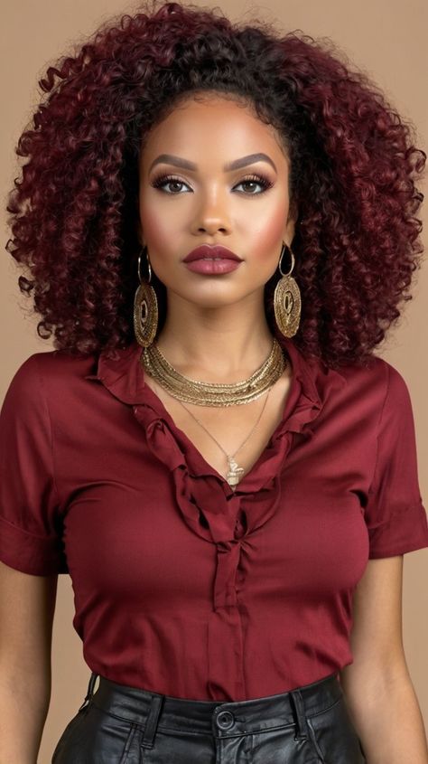 Reasons You’ll Love a Burgundy Afro This Season 🌈 Wine Hair Color Natural Hair, Natural Hair Red Color Black Women, Burgundy Natural Hair Black Women Dark Skin, Burgundy Curly Hair Black Women, Burgundy Afro, Burgundy On Dark Skin, Light Skinned Black Woman, Highlights On African American Hair, Trending Hair Colors