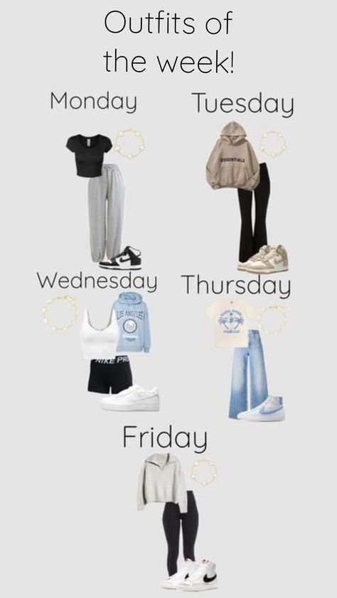 A week of outfits!! #oufitinspo Movie Look Outfit, Easy Cute Outfits For School Winter, Monday To Sunday Outfits, What To Wear Every Day Of The Week, Week School Outfits, Days Of The Week Outfits School, Outfits For The Week Winter, Monday Tuesday Wednesday Thursday Friday Outfits, Preppy Outfits Of The Week