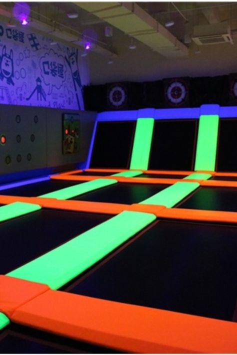 #Glowtrampoline, also known as fluorescent trampoline, is making the trampoline park glow in the dark, which looks pretty cool. When you're planning your trampoline park, you can make some part to be fluorescent, for example, glow-in-the-dark dodgeball area or glow free jump zone. Glow party in trampoline park would be very popular, turn off the light, trampoline glows, FUN for all ages!! #Liben Trampoline Park Party, Jump Park, Children's Playground Equipment, Commercial Indoor Playground, Trampoline Room, Trampoline Party, Trampoline Parks, Jump Party, Commercial Playground