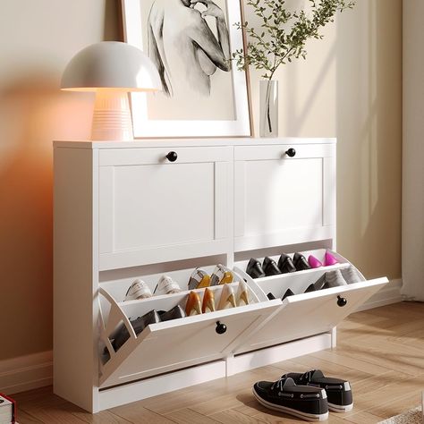 Amazon.com: VOWNER Shoe Cabinet with 4 Flip Drawers, Freestanding Shoe Storage Cabinet with Adjustable Shelf & Anti-Tipping Device, Shoe Rack for Entryway, Hallway, Living Room, White : Home & Kitchen Slim Shoe Cabinet, Ikea Shoe, Shoe Cabinet Entryway, Hallway Furniture Storage, Shoe Cabinets, Shoe Rack Entryway, Shoe Storage Solutions, Entryway Shoe, Entryway Hallway