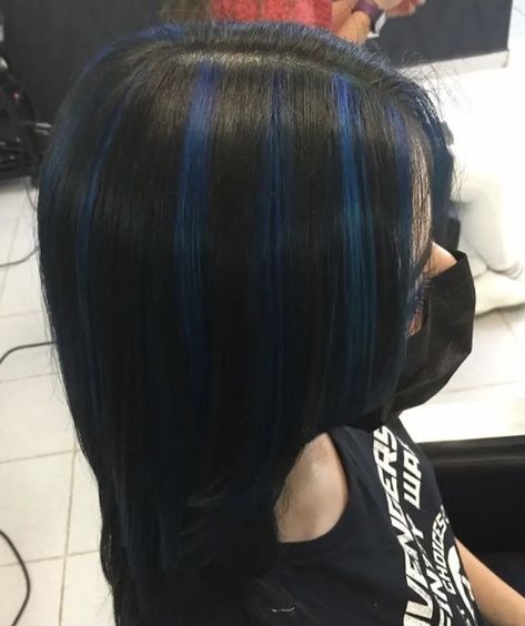 Fantasy Hair Color Highlights, Blue Stripes In Hair, Chuck Highlights Hair, Blue And Black Hair Highlights, Black Hair Blue Stripes, Blue Chunks In Hair, Black Hair And Blue Highlights, Black Hair Blue Highlights Short, Royal Blue Skunk Stripe Hair