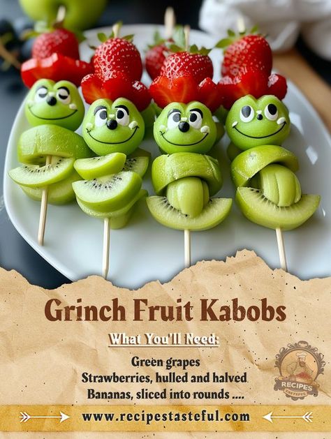 Tasteful Recipes | Grinch Fruit Kabobs | Facebook Grinch Fruit Kabobs, Grinch Kabobs, Fruit Kabobs, Recipe Community, Green Grapes, Mini Marshmallows, Grinch, Family Meals, Grapes