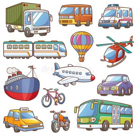 Transportation vector illustration Cartoon Transportation, Diy Sensory Toys, Transport Illustration, Transportation For Kids, Transportation Preschool, Kids Literacy, Transportation Theme, Flashcards For Kids, Kids Corner