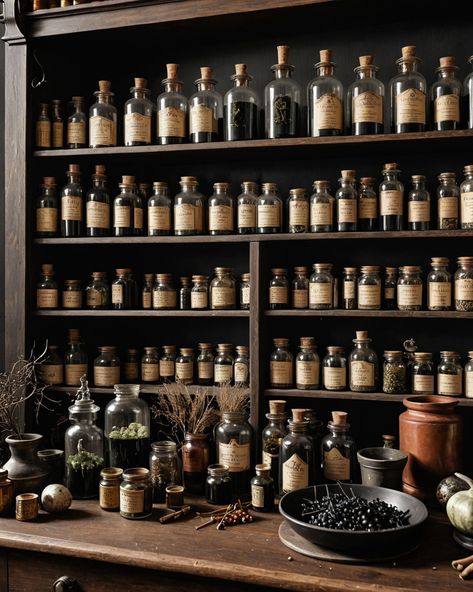 Witch’s Apothecary Cabinet, Apothecary Room Decor, Witchy Apothecary Aesthetic, Witchy Home Library, Apothecary Spice Jars, Apothecary Room Aesthetic, Curio Shop Aesthetic, Witch Aesthetic Bathroom, Fantasy Herbalist Shop