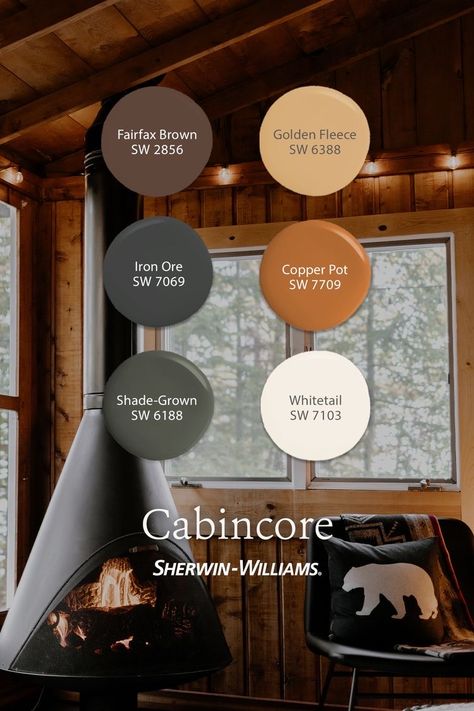 Camping Color Pallete, Cabin Bedroom Paint Colors, Log Cabin Color Palette, Livingrooms Design Ideas Colors, Cabin Color Schemes, Log Cabin Interior Paint Colors, Cabincore Wallpaper, Cabin Color Palette, Painting Swatches